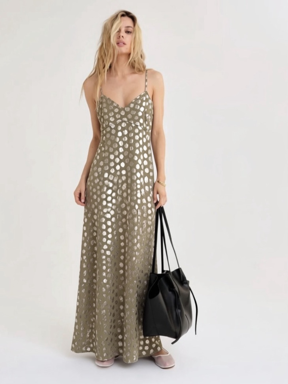 Michael Kors Olive Green Maxi Dress Metallic Silver Foil Palm Botanical Print